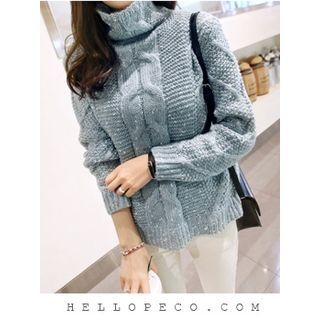 hellopeco Turtle-Neck Cable-Knit Top