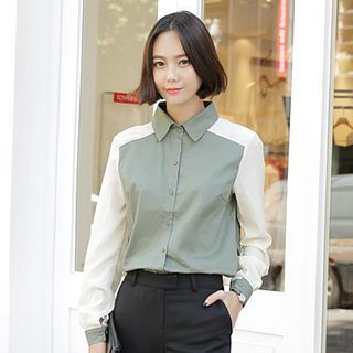 Seoul Fashion Contrast-Sleeve Cotton Shirt
