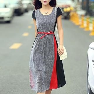 Romantica Short-Sleeve Belted Color-Block Dress