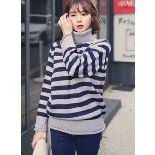 HOTPING Turtle-Neck Striped Knit Top