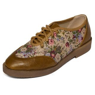 yeswalker Faux Leather Panel Floral Lace-Up Flats