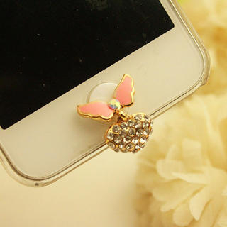 Fit-to-Kill Angel Wings Heart Pendant Iphone Button Sticker - Pink Pink - One Size