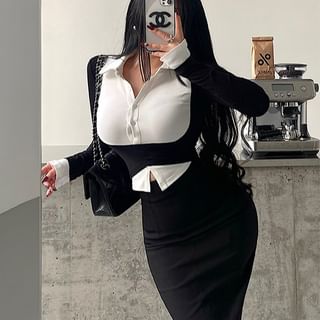 High Rise Plain Pencil Skirt / Long-Sleeve Collar Two Tone T-Shirt