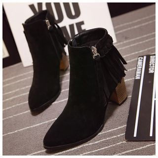 Anran Fringed Block Heel Pointy Ankle Boots