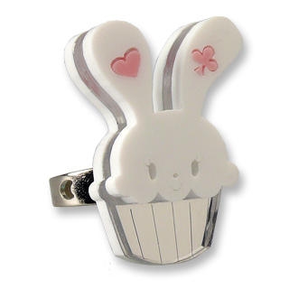 Sweet White Bunny Cupcake of Heart Silver Ring