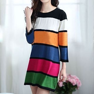 KUBITU 3/4-Sleeve Color Block Knit Top