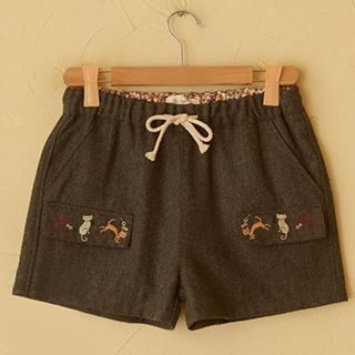 Moriville Embroidered Cat Shorts