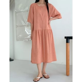 Short-Sleeve Plain Midi Dress Cyan - XL