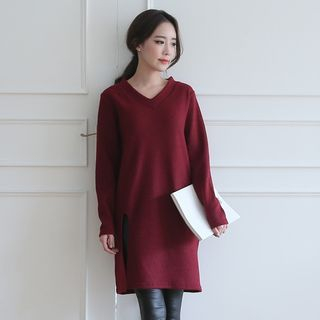 Seoul Fashion V-Neck Slit-Trim Knit Dress