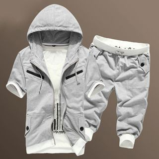 Chic Maison Set: Short-Sleeve Hooded Zip Jacket + Drawstring Contrast-Trim Cropped Pants