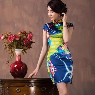 Miss Four Qipao Cap-Sleeve Print Silk Cheongsam