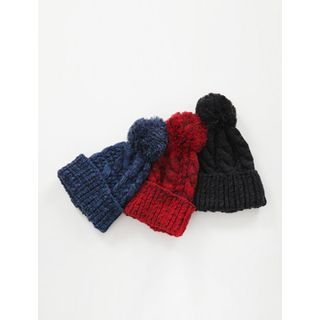 FROMBEGINNING Pom Pom Cable-Knit Beanie
