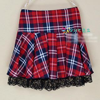 Skool Lace Trim Plaid Pleated Skirt