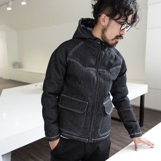 YIDESIMPLE Stitched Hooded Padded Denim Coat