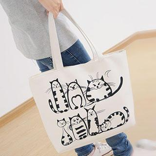 Aoba Cat Printed Canvas Shopper Bag Cat - Gray - One Size
