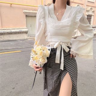 Long-sleeve Blouse / Ruffled Camisole Top / Plaid Midi A-line Skirt