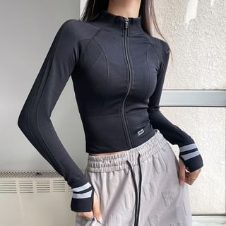 Stand Collar Striped Trim Zip-Up Crop Sports Jacket