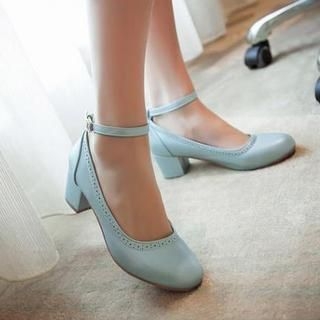 Colorful Shoes Perforated Chunky-Heel Mary-Jane Pumps