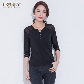 LROSEY Long-Sleeve Notched-Neck Tulle-Panel Top
