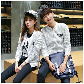 Azure Lettering Striped Matching Couple Zip Jacket