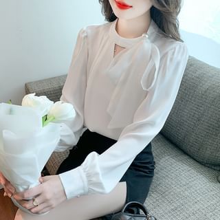 Long-Sleeve Plain Bow Faux Pearl Blouse