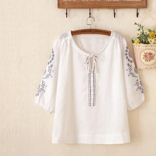 P.E.I. Girl Embroidered Tie-Neck Blouse