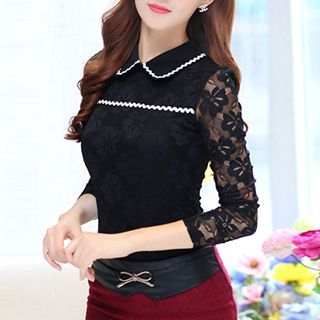 Fashion Street Lace Panel Collared Top