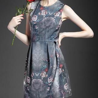 Alaroo Flower Print Sleeveless Washed Denim Dress