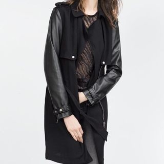 Chicsense Faux-Leather Sleeve Trench Jacket