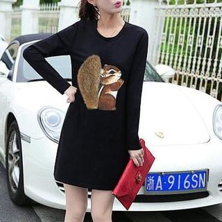 Fashion Street Squirrel Printed Elbow-Sleeve A Line Dress