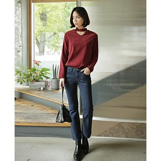 Seoul Fashion Cutout-Neckline Long-Sleeve Top