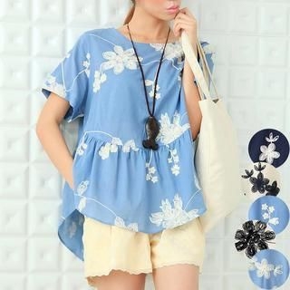 11.STREET Elbow-Sleeve Flower Embroidered A-Line Top