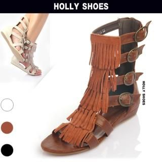 Buy Holly Shoes Leather Fringed Detail Buckled Side Sandals 1022418873