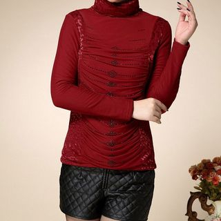 Fumiko Long-Sleeve Embroidered Stand Collar T-Shirt