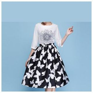 Strawberry Flower Butterfly Print A-Line Skirt