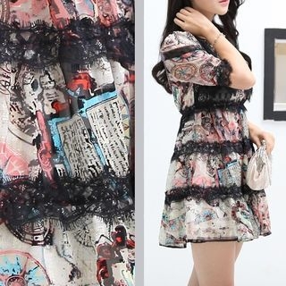 YIJINGMEI Floral Print Lace Panel Short-Sleeve Chiffon Dress