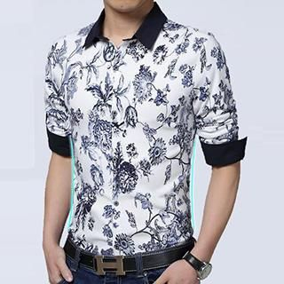 Besto Floral Print Contrast Collar Long Sleeves Shirt