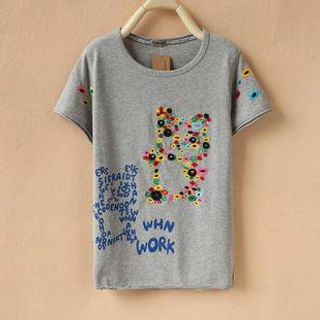 Cute Colors Short-Sleeve Lettering Flower Embroidered T-Shirt