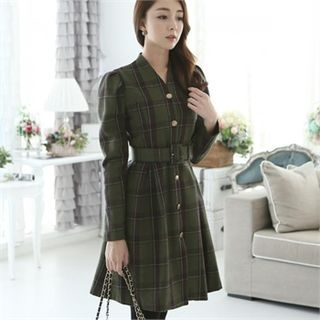 ode' Plaid Wool Blend Coatdress with Belt