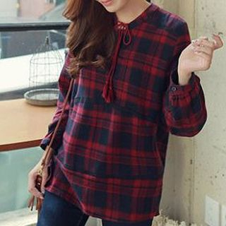 Fashion Street Tie Neck Plaid Blouse