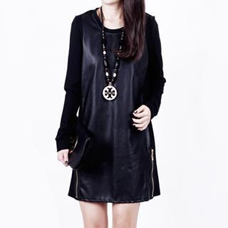 Persephone Faux Leather Panel Long-Sleeve Dress