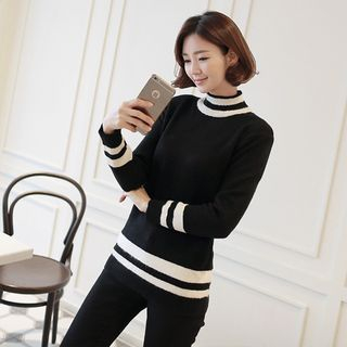 CLICK High-Neck Contrast-Trim Sweater