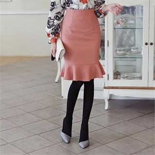 ode' Ruffle-Hem Wool Blend Pencil Skirt