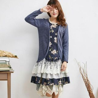 Blue Hat Long-Sleeve Layered Floral Dress
