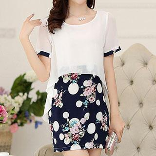 Lavogo Short Sleeves Floral Mock Two-piece Chiffon Dress