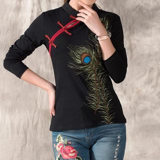Sayumi Long-Sleeve Embroidered Stand Collar T-Shirt