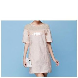 Strawberry Flower Short-Sleeve Sequined Lace Trim Dress