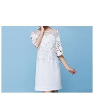 Strawberry Flower Elbow-Sleeve Lace Panel Dress