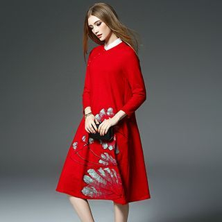 Queen Mulock Long-Sleeve Wool Blend Printed Dress