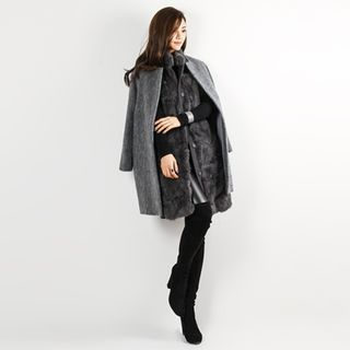 FASHION DIVA Collarless Snap-Button Wool Blend Coat